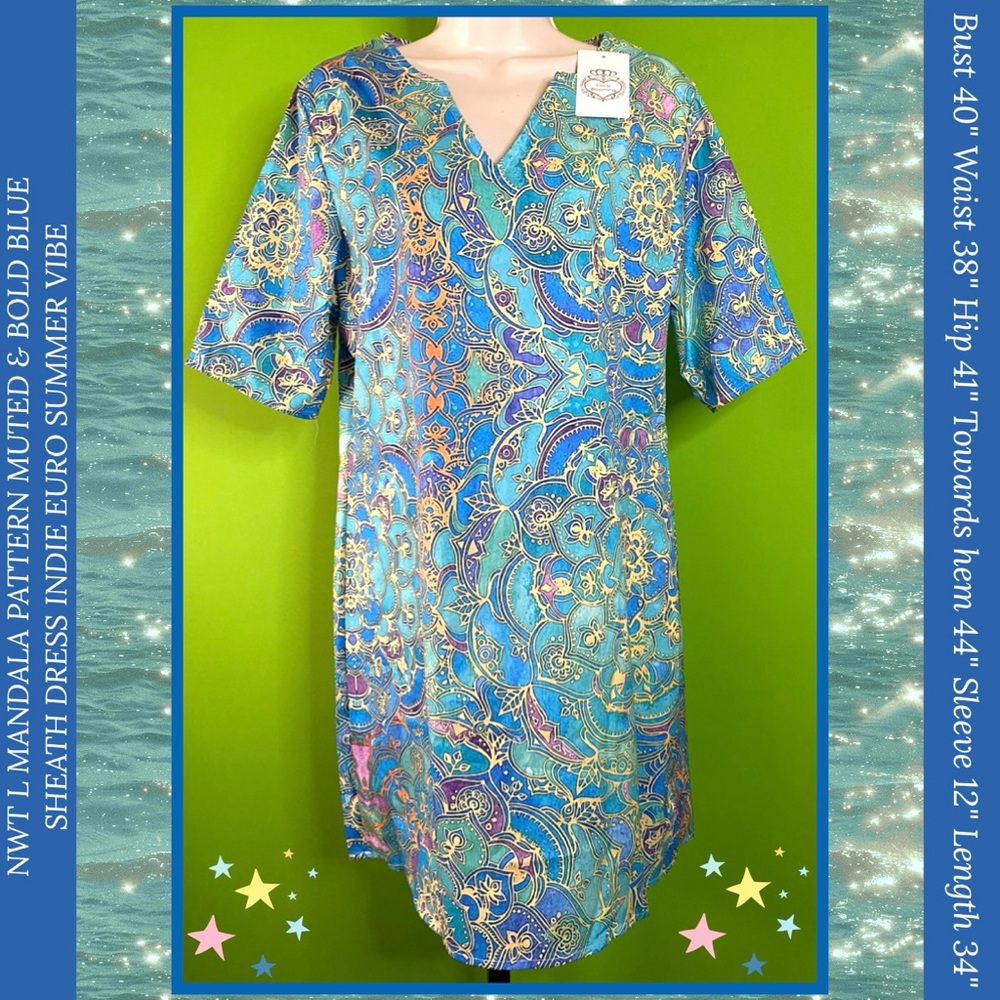NWT XL MANDALA PATTERN MUTED & BOLD BLUE SHEATH DRESS INDIE